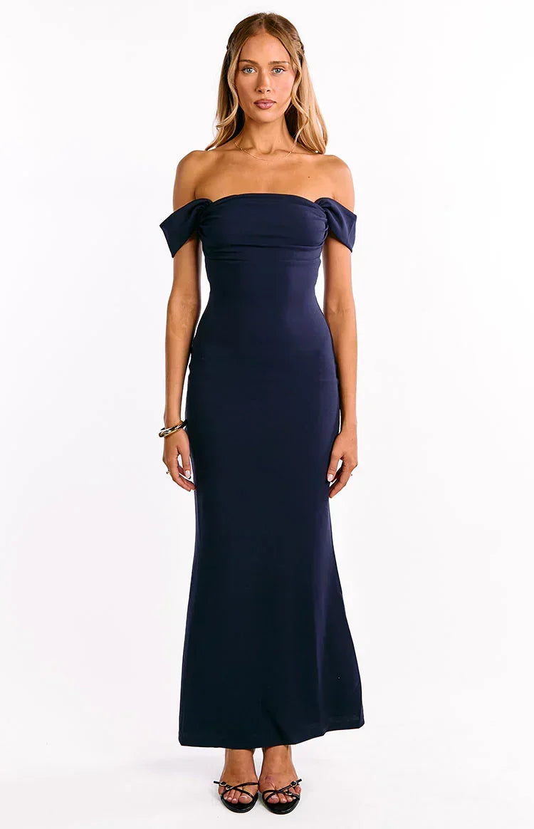 Ella Navy Off Shoulder Crepe Formal Maxi Dress