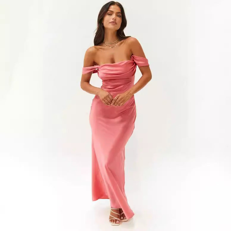 Off Shoulder Ruched Satin Maxi Dress