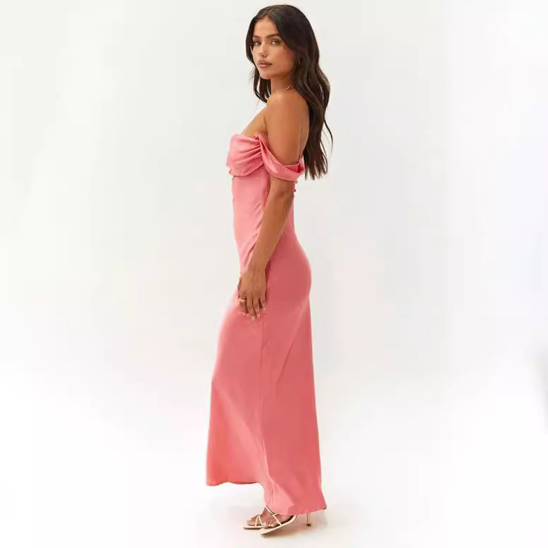 Off Shoulder Ruched Satin Maxi Dress 2