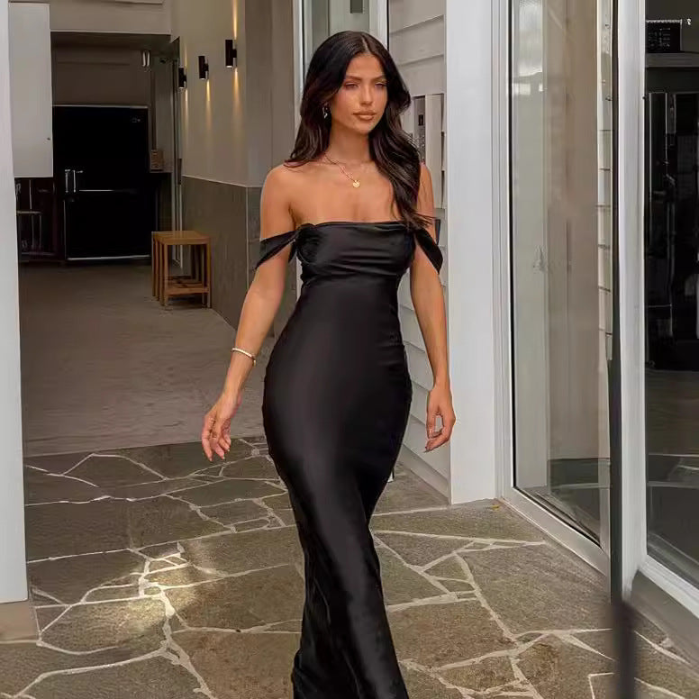 Off Shoulder Ruched Satin Maxi Dress 4