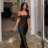 Off Shoulder Ruched Satin Maxi Dress 4