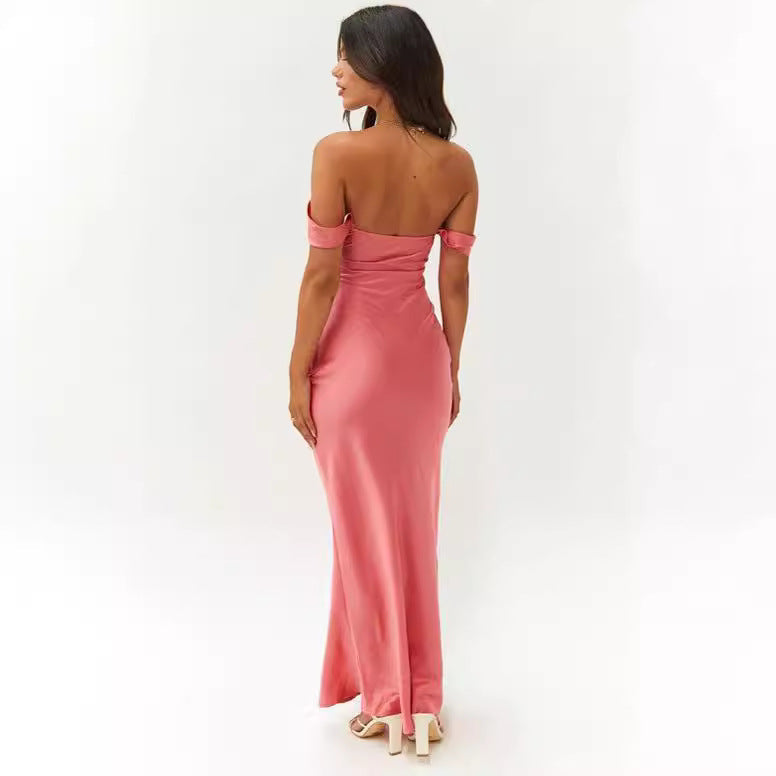 Off Shoulder Ruched Satin Maxi Dress 5