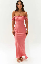 Off Shoulder Ruched Satin Maxi Dress 10