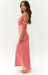 Off Shoulder Ruched Satin Maxi Dress 11