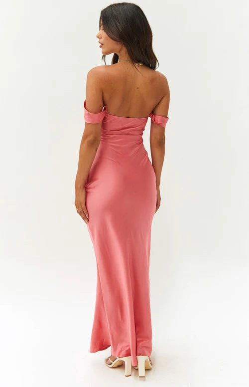 Off Shoulder Ruched Satin Maxi Dress 12