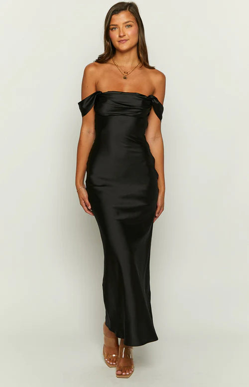 Off Shoulder Ruched Satin Maxi Dress 17
