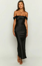 Off Shoulder Ruched Satin Maxi Dress 17