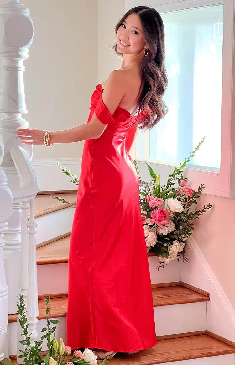Satin Off Shoulder Draped Sleeve Column Maxi Formal Dress 11