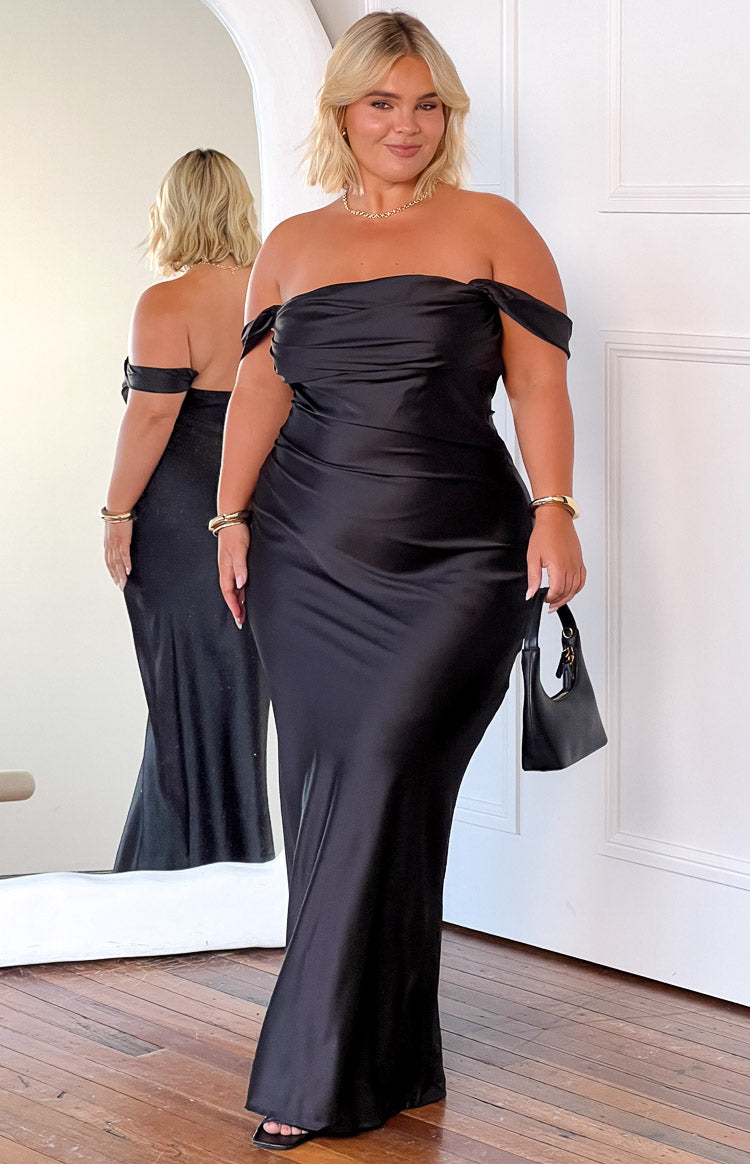 Satin Off Shoulder Draped Sleeve Bodycon Maxi Gown 11