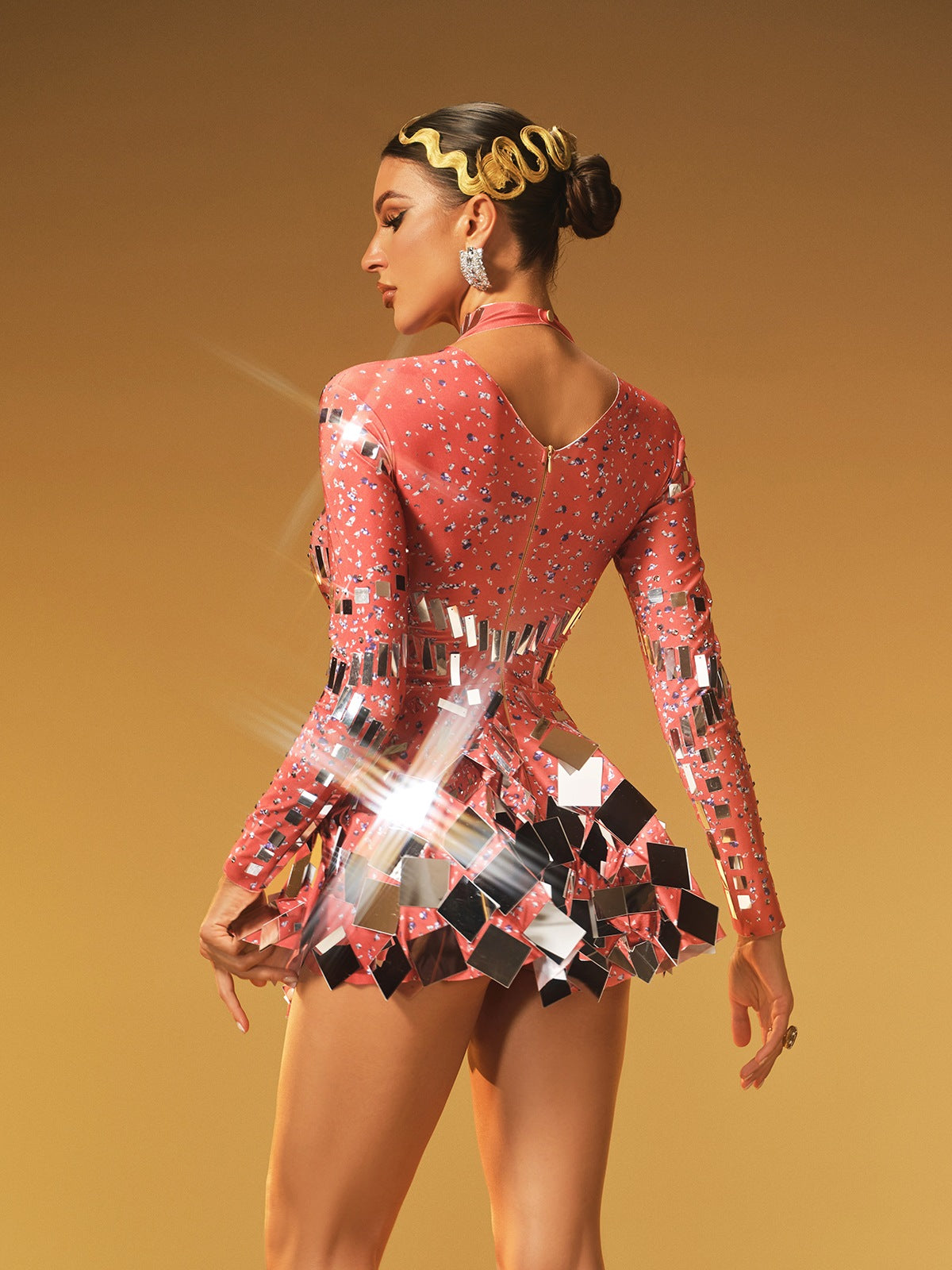 Long Sleeve Embellished Mini Dress In Red - View 6