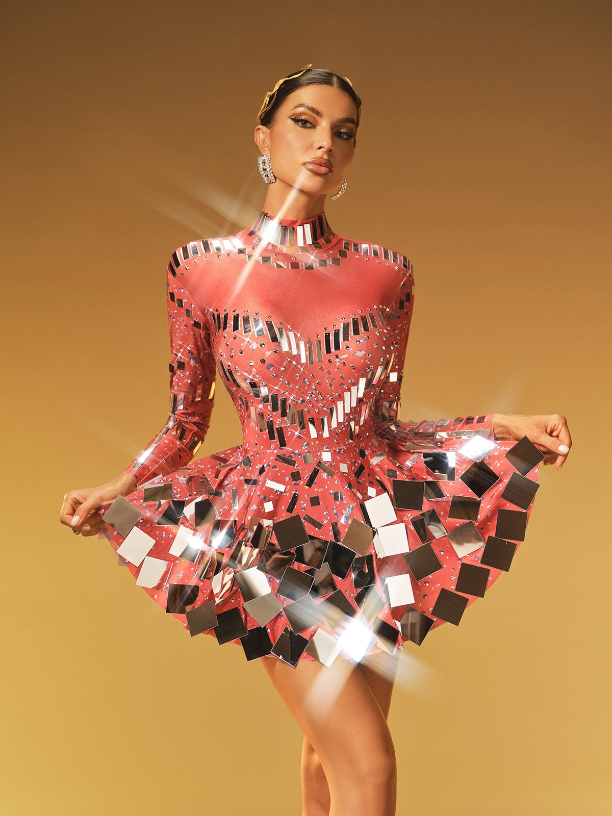 Long Sleeve Embellished Mini Dress In Red