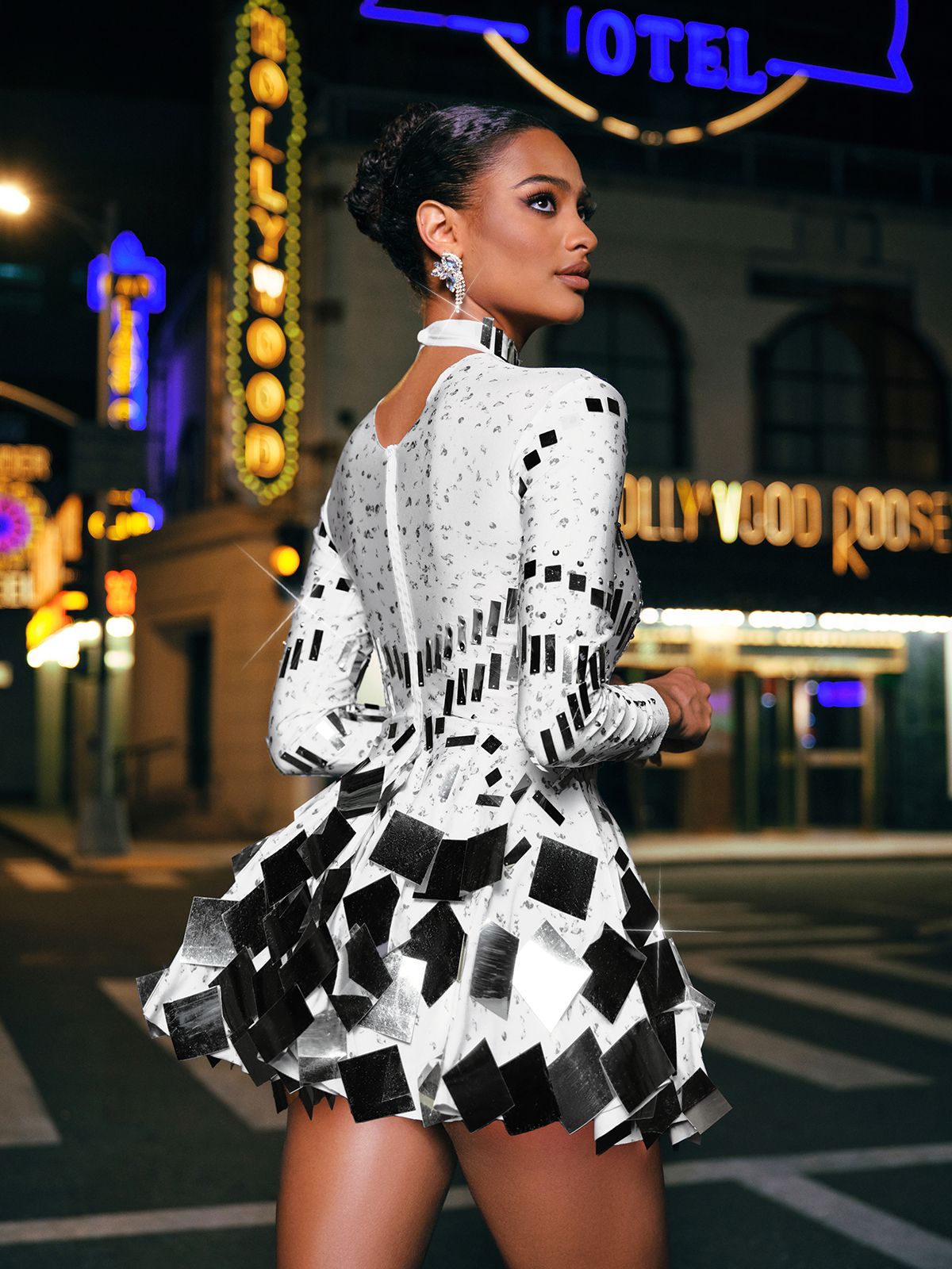 Long Sleeve Embellished Mini Dress In White - View 6