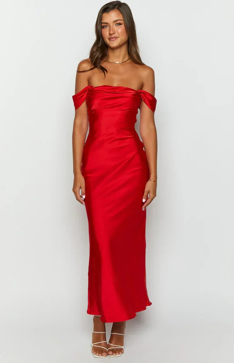 Satin Off Shoulder Draped Sleeve Column Maxi Formal Dress 5