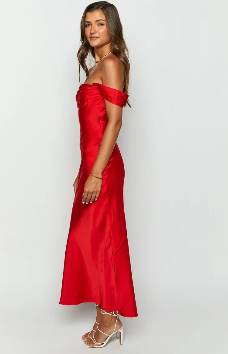 Satin Off Shoulder Draped Sleeve Column Maxi Formal Dress 6