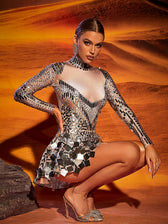 Long Sleeve Embellished Mini Dress In Silver - View 2