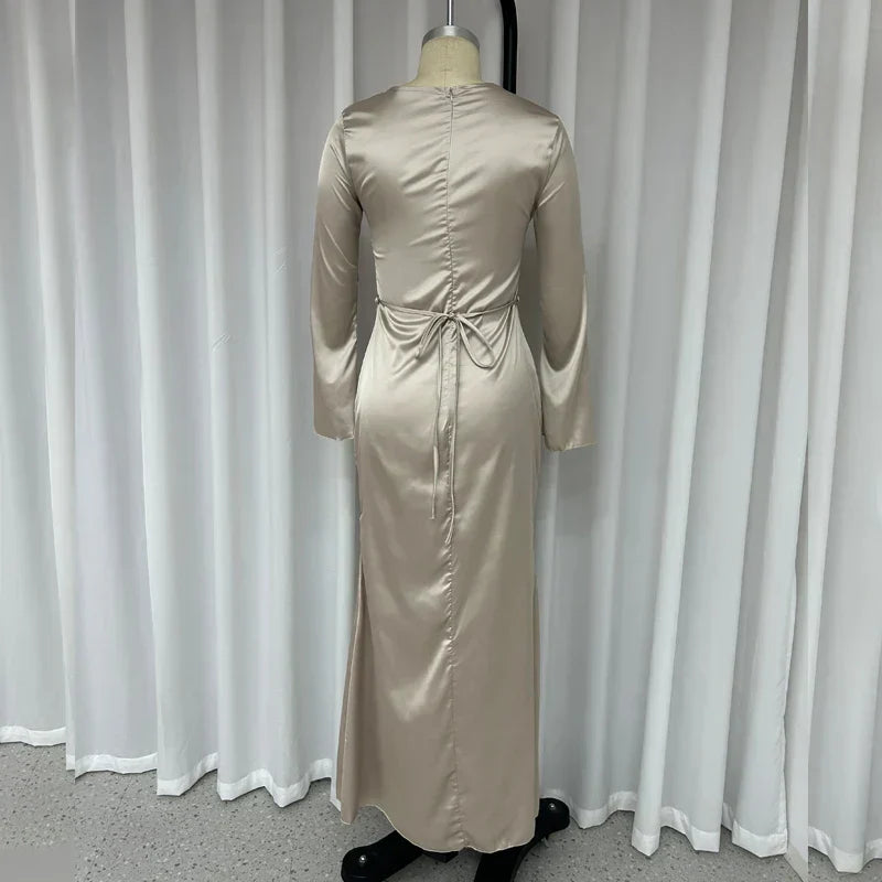 Autumn Fashion Slim Flare Sleeve Lace Up Maxi Dress - View 6