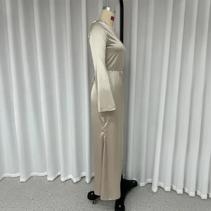 Autumn Fashion Slim Flare Sleeve Lace Up Maxi Dress - View 5