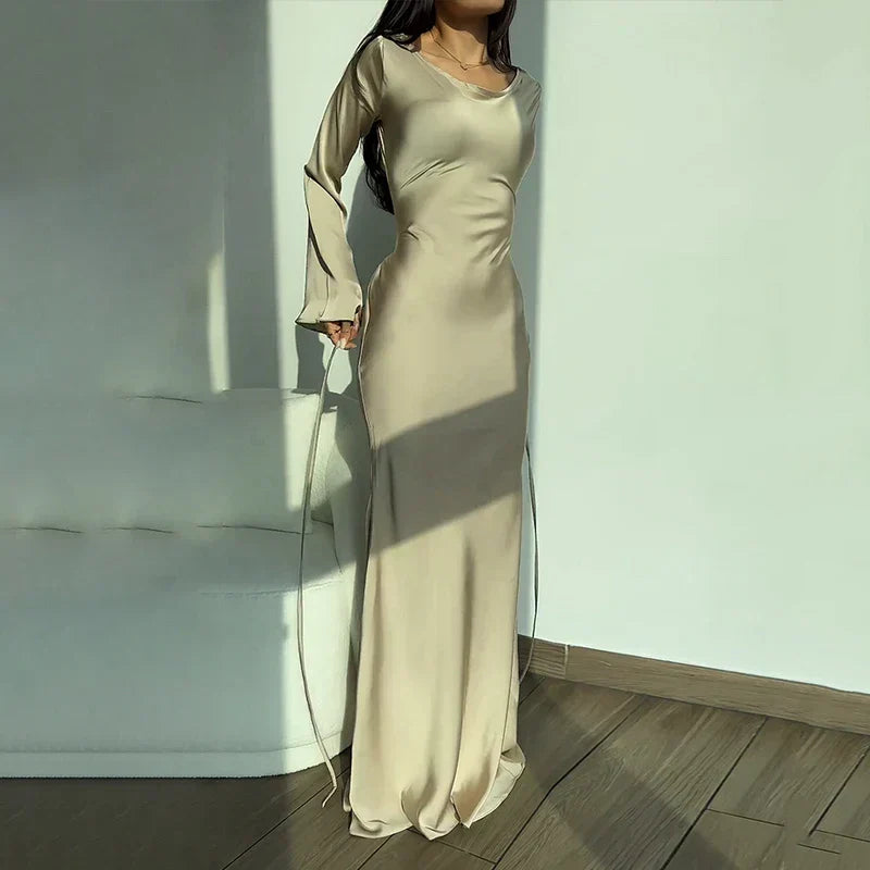 Autumn Fashion Slim Flare Sleeve Lace Up Maxi Dress - View 2