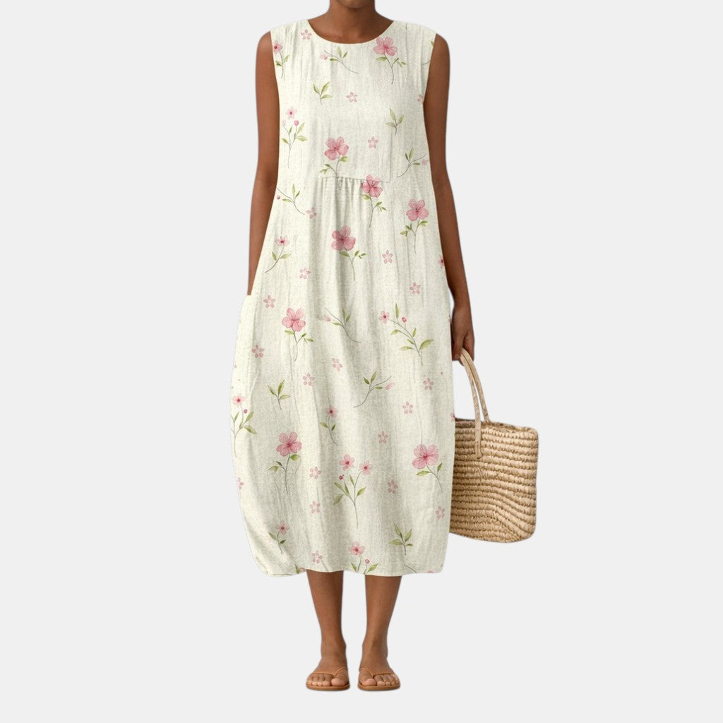 Floral Print Crew Neck Sleeveless Pocket Midi Dress