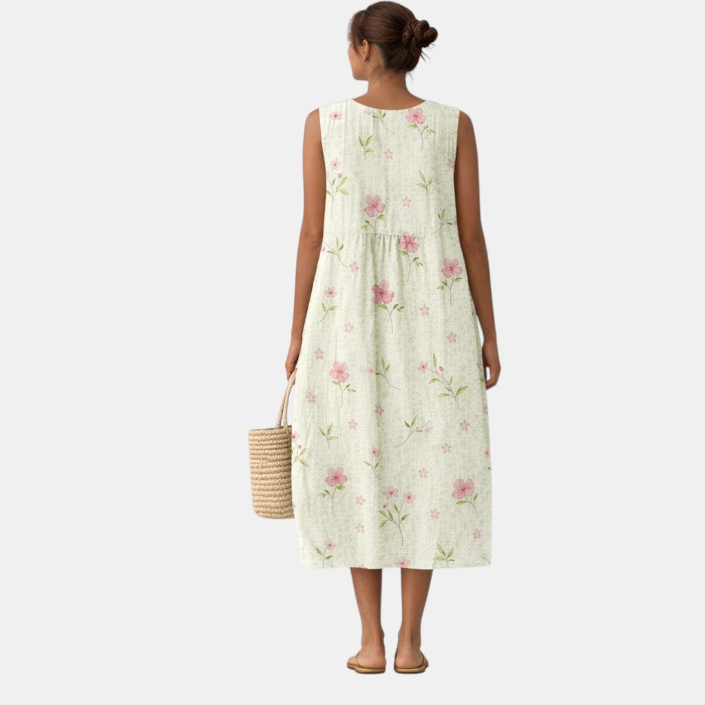 Floral Print Crew Neck Sleeveless Pocket Midi Dress