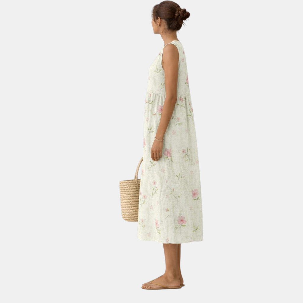 Floral Print Crew Neck Sleeveless Pocket Midi Dress