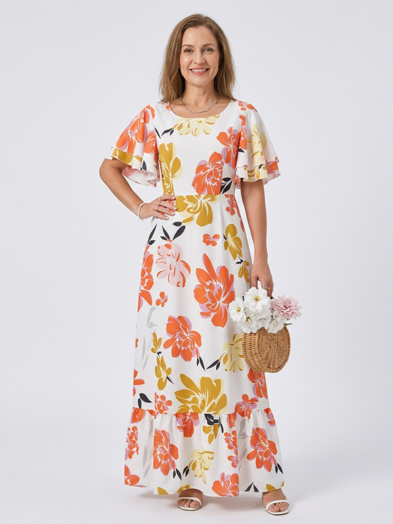 Floral Round Neck Flutter Sleeve Tiered Maxi Dress