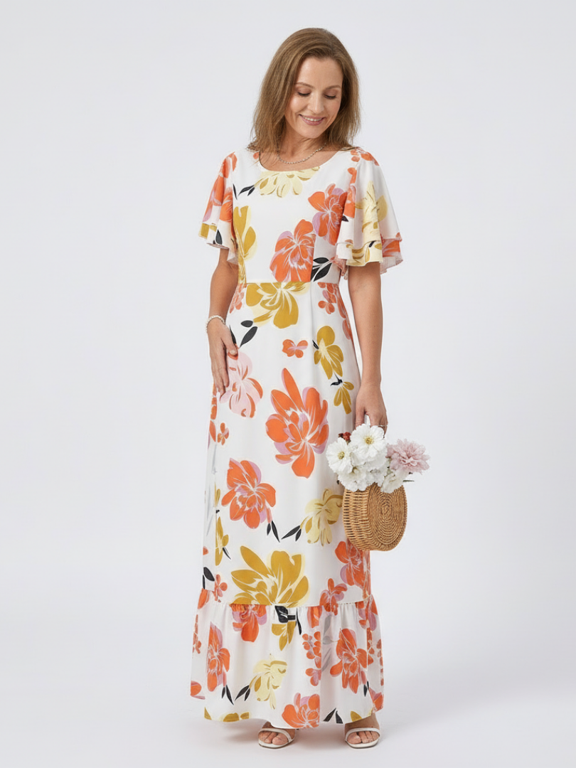 Floral Round Neck Flutter Sleeve Tiered Maxi Dress
