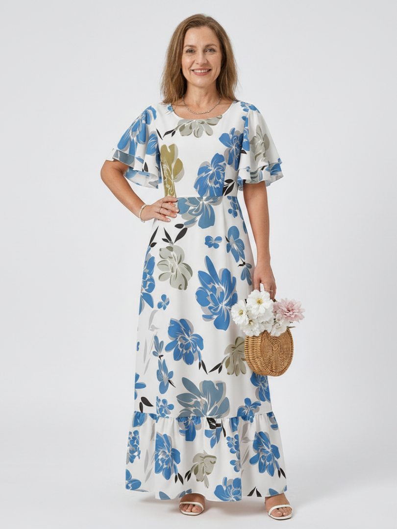 Floral Round Neck Flutter Sleeve Tiered Maxi Dress