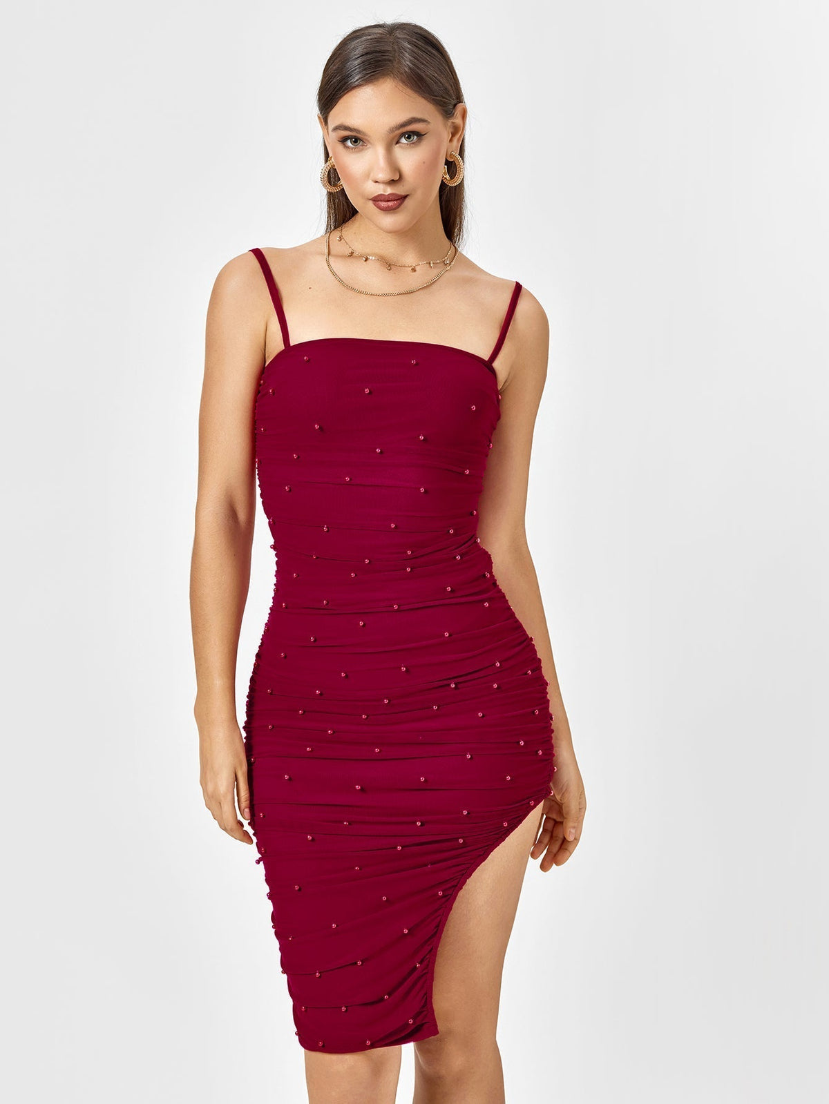 Beaded Ruched Mesh Spaghetti Strap Side Split Bodycon Mini Dress 6