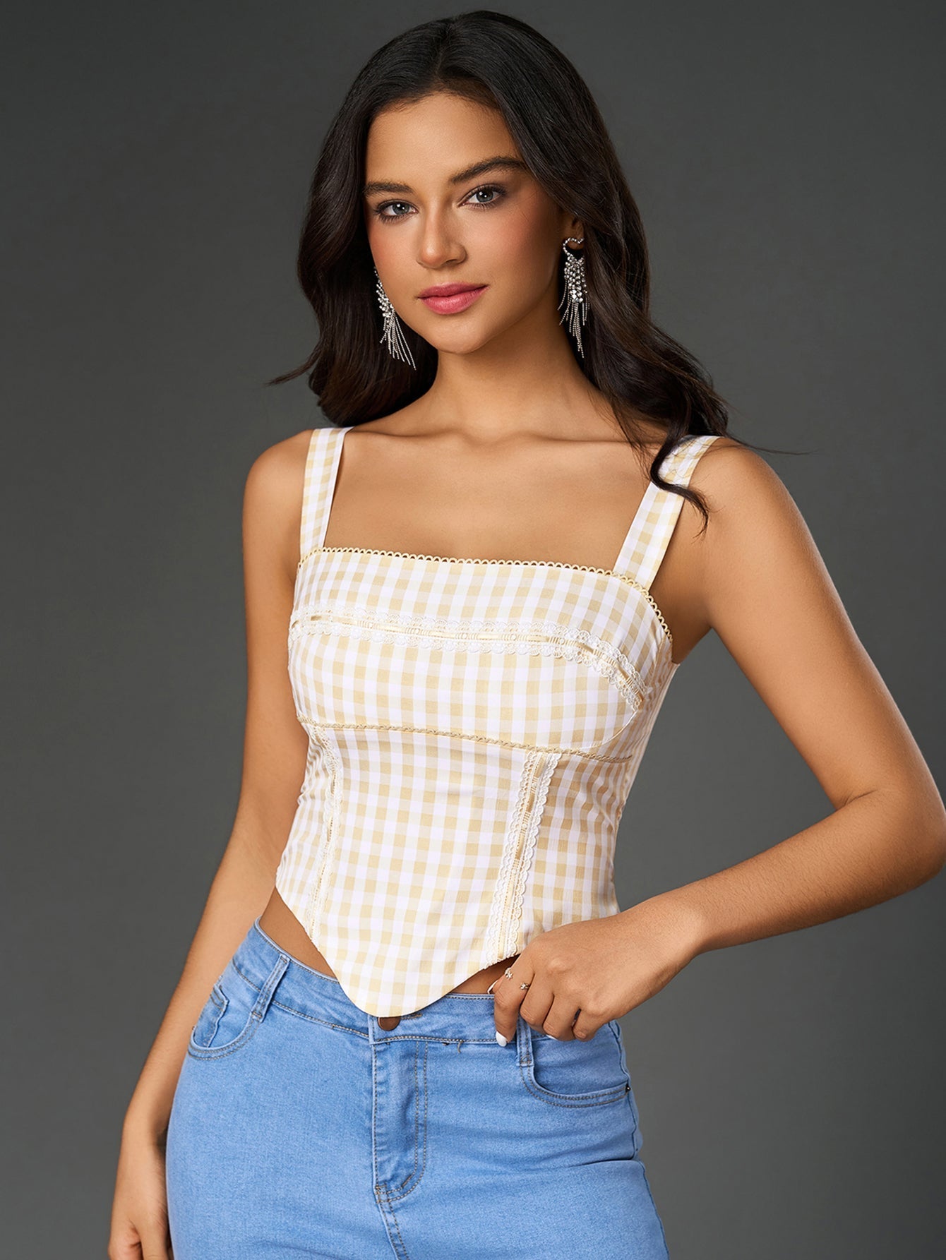 Embellished Lace Asymmetrical Hem Plaid Print Top