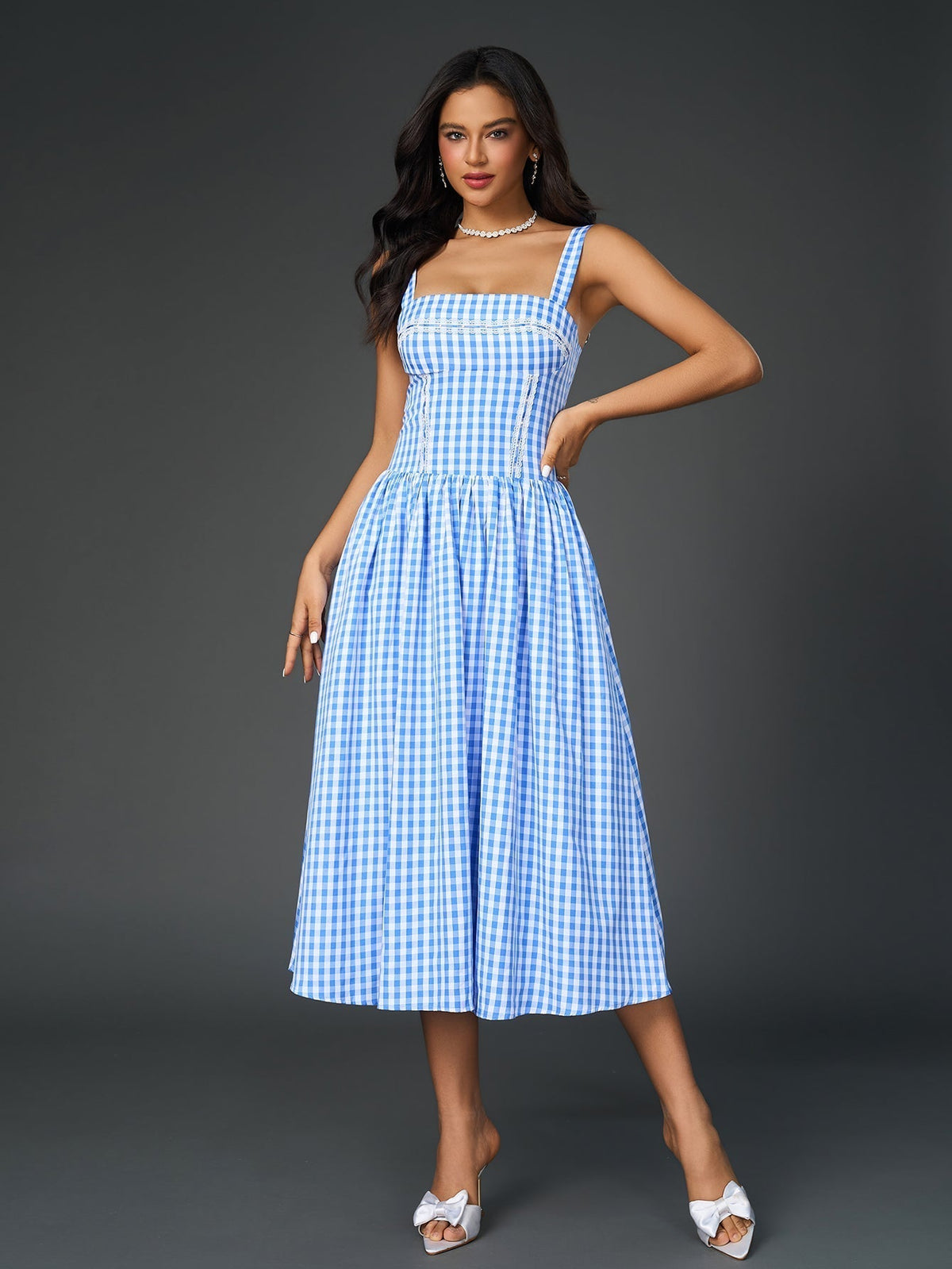 Gingham Square Neck Wide Strap Lace Trim Fit and Flare Midi Dress
