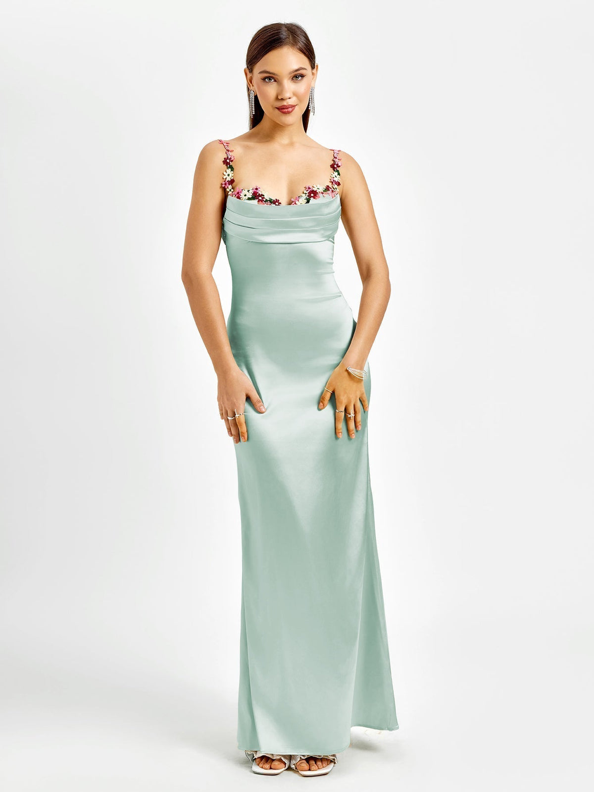 Floral Embellished Strap Cowl Neck Satin Bodycon Maxi Dress 3