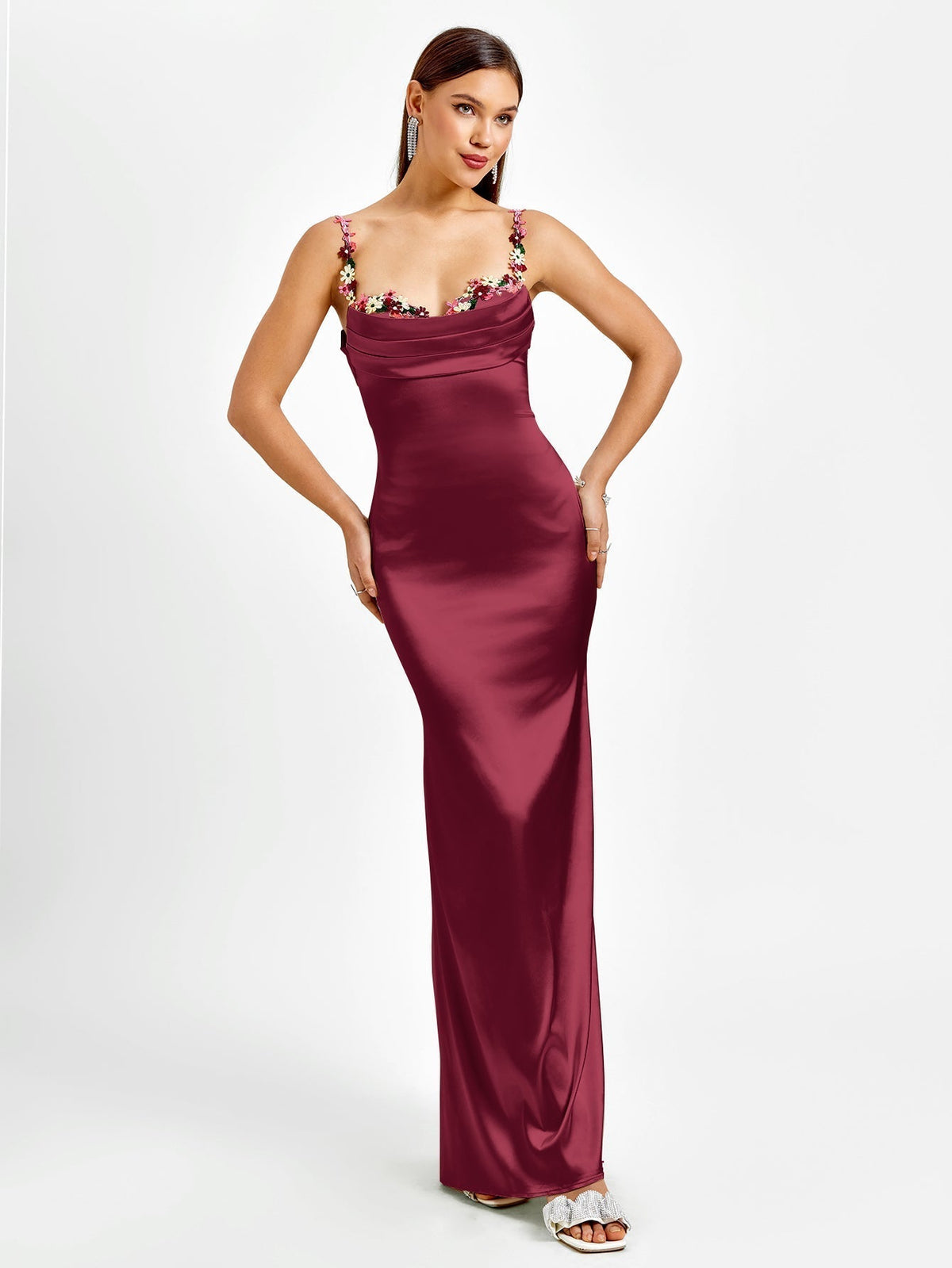 Floral Embellished Strap Cowl Neck Satin Bodycon Maxi Dress 11