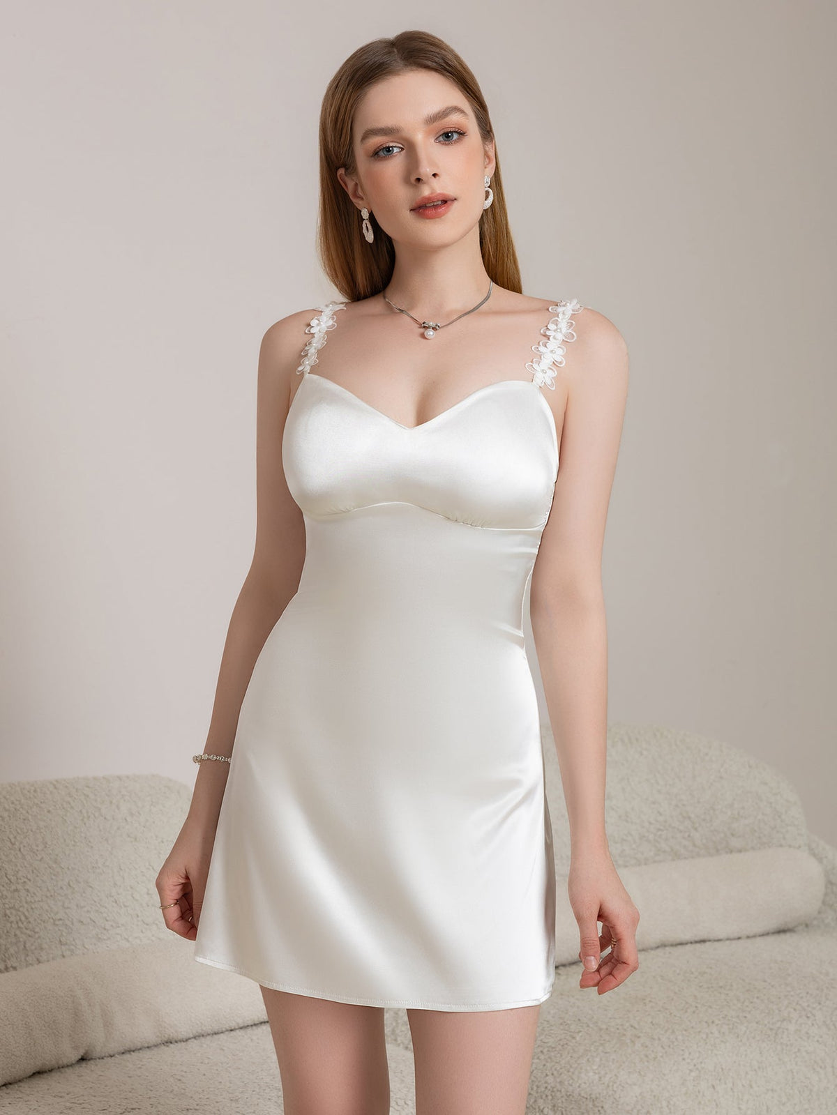 Floral Applique Strap Sweetheart Neck Satin Mini Dress