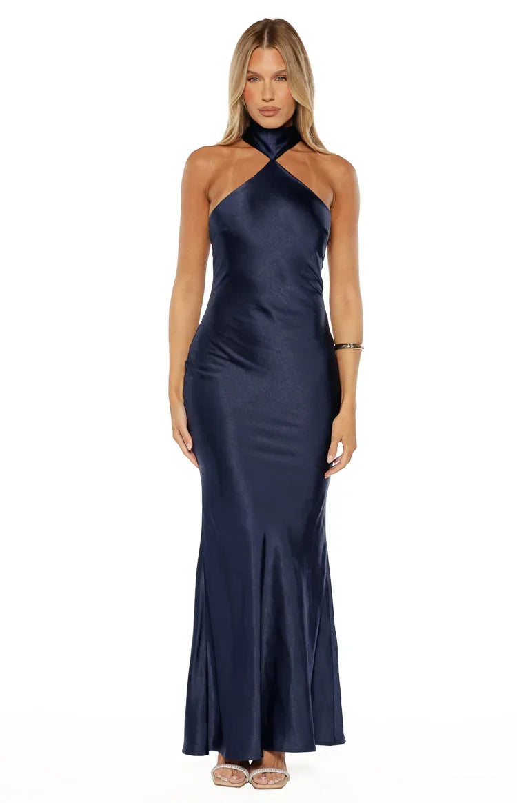 Satin Twist Halter Neck Sleeveless Bias Cut Maxi Dress 5