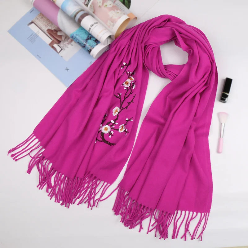 Cashmere Winter Flower Pashmina Shawl with Tassels