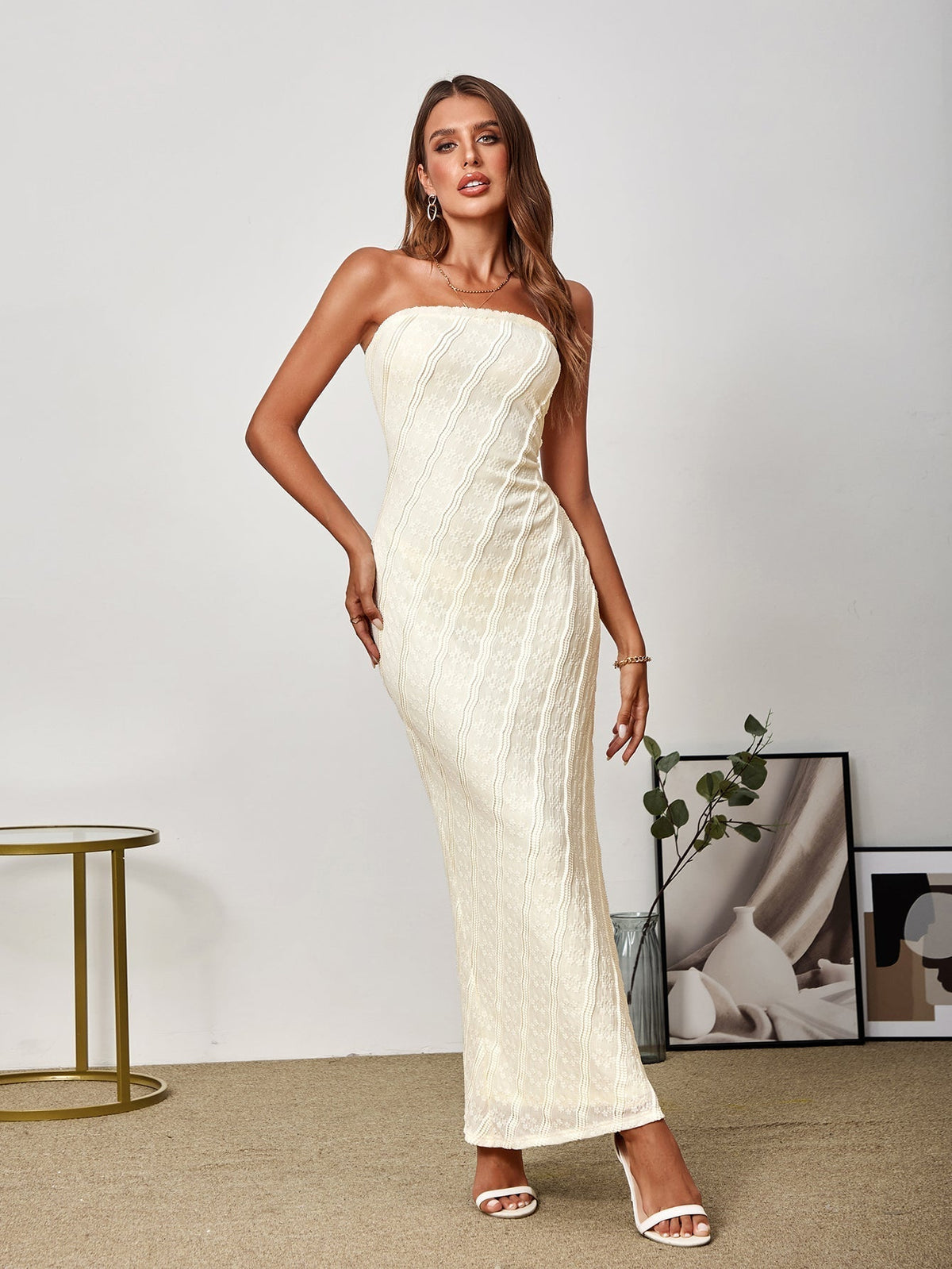 Strapless Textured Lace Bodycon Tube Maxi Dress