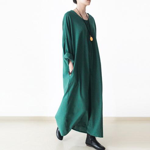 Emerald green plus size linen dresses long sleeve cotton dress