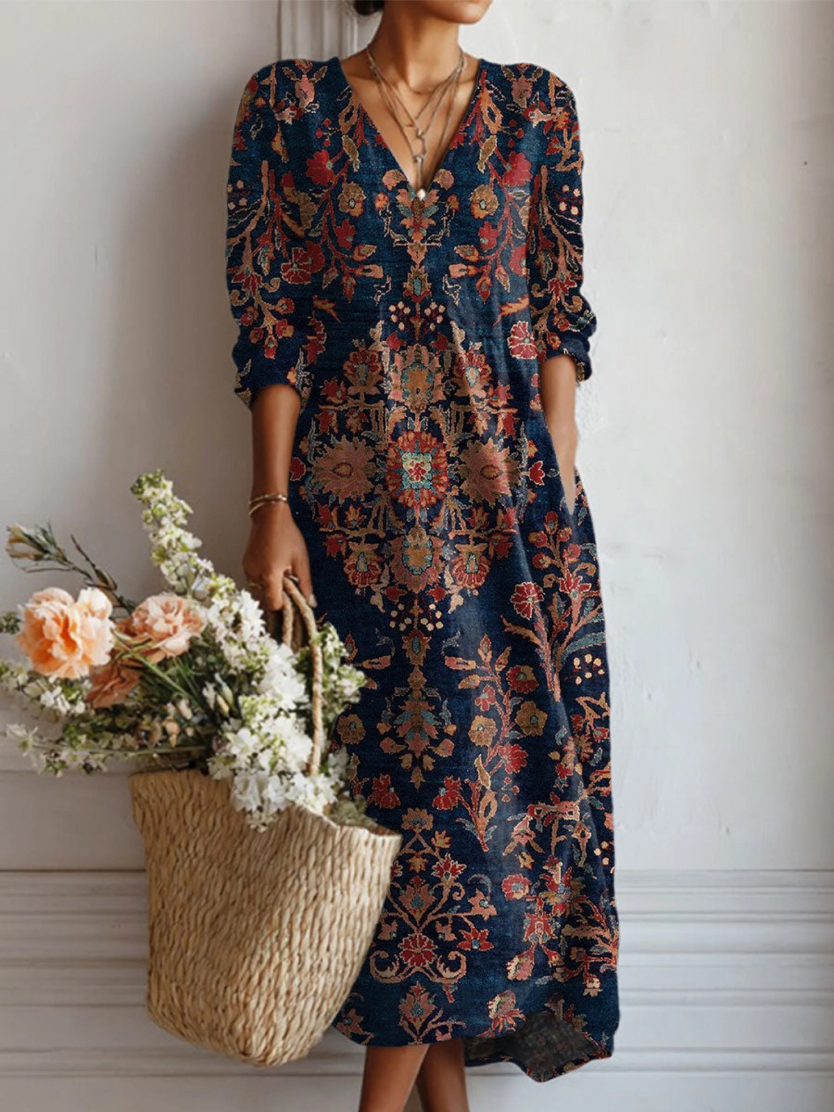 Watercolor Floral Print V-Neck Long Sleeve Pocket Maxi Dress