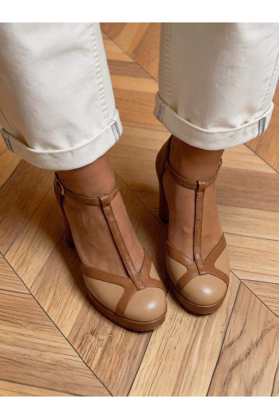 Closed Toe T-Strap Platform Block Heel Pumps