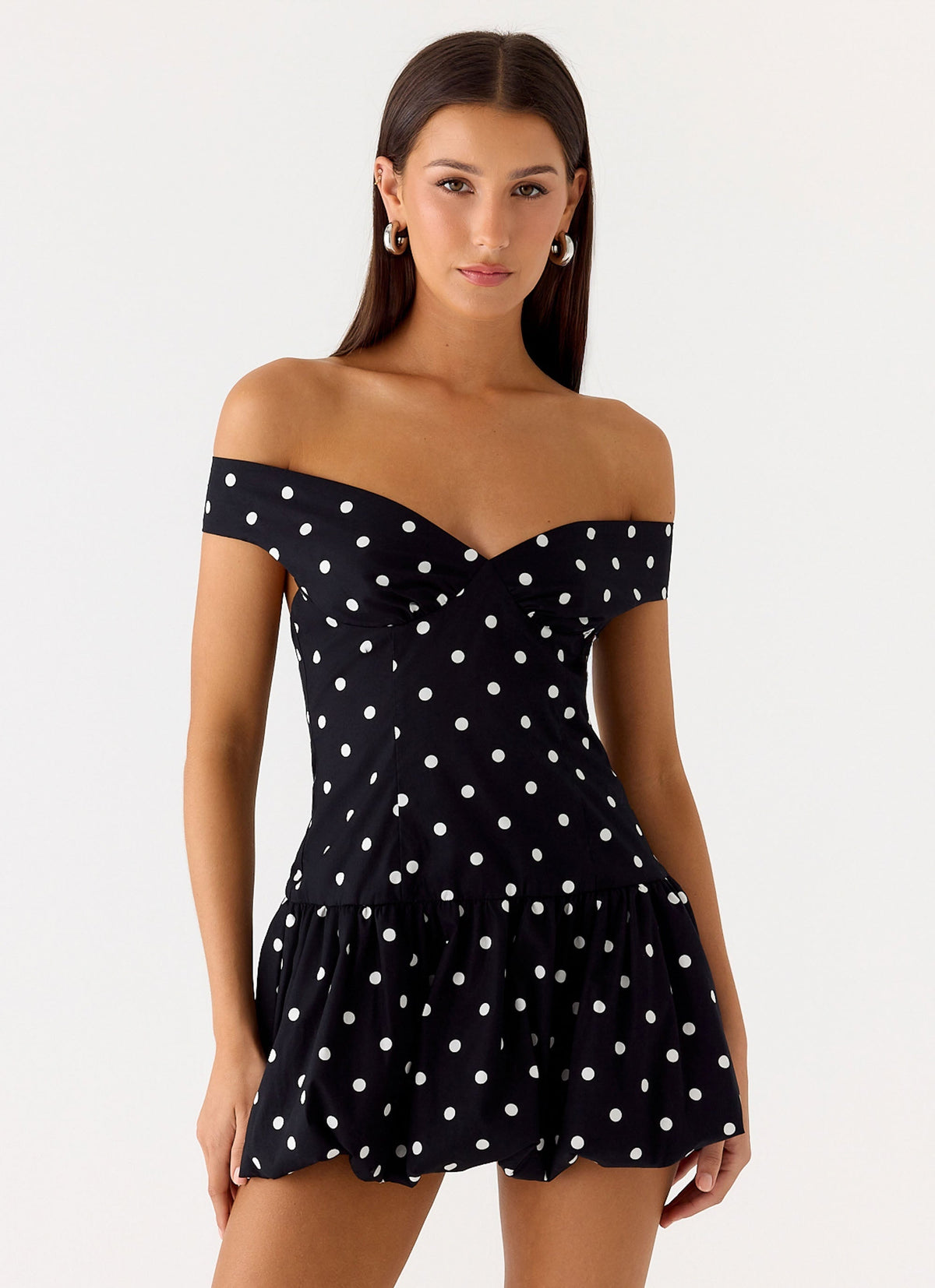 Polka Dot Off Shoulder Sweetheart Bubble Hem Mini Dress 4