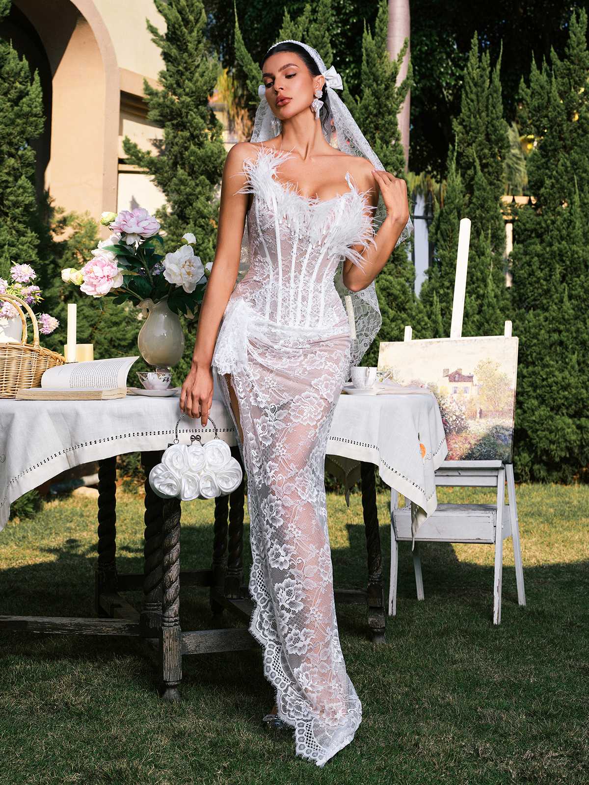 Strapless Corset Split Lace Maxi Dress - View 5
