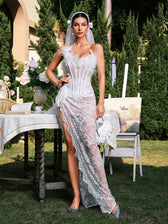 Strapless Corset Split Lace Maxi Dress - View 4