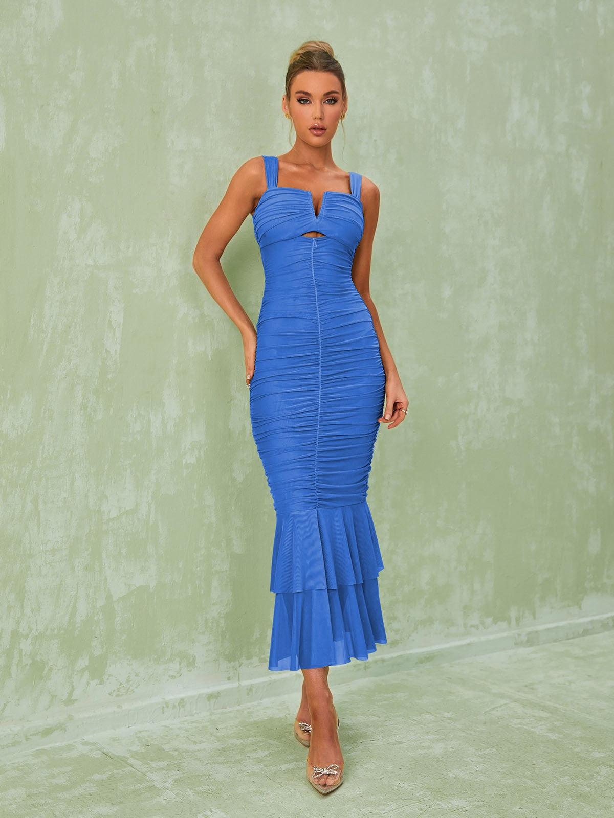 Ruched Mesh Notched Neck Cut Out Tiered Ruffle Hem Mermaid Midi Dress