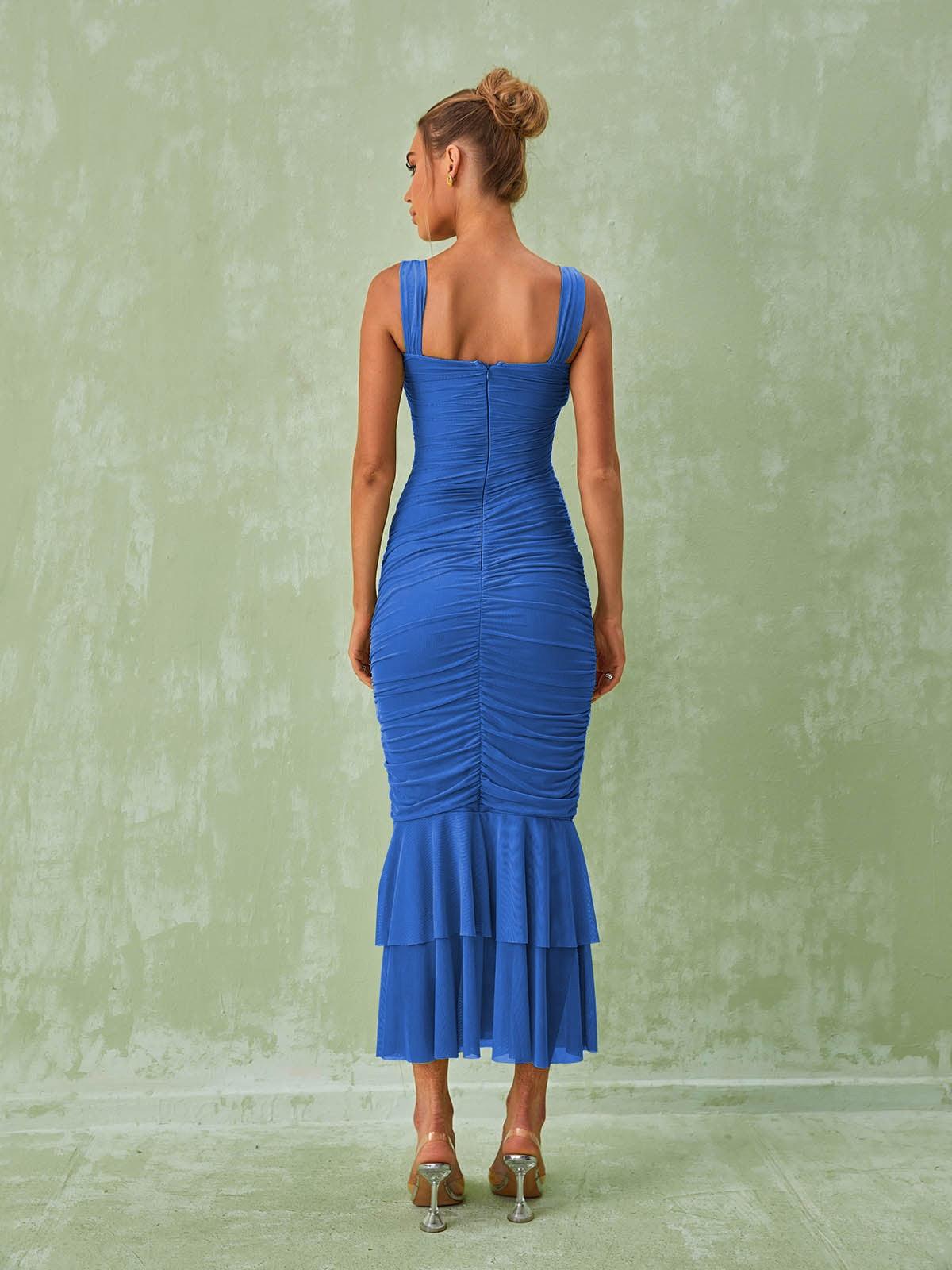 Eri Ruched Mesh Maxi Dress In Blue 5