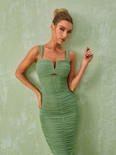 Eri Ruched Mesh Maxi Dress In Green 4