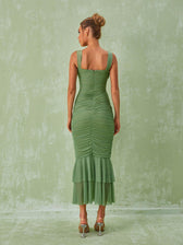Eri Ruched Mesh Maxi Dress In Green 5