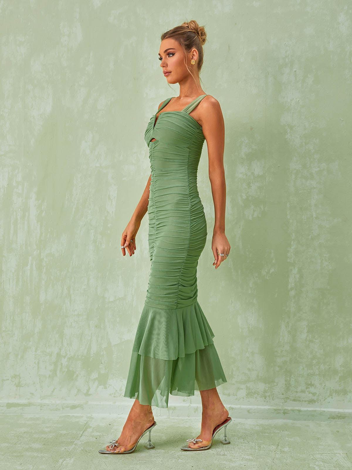 Eri Ruched Mesh Maxi Dress In Green 3