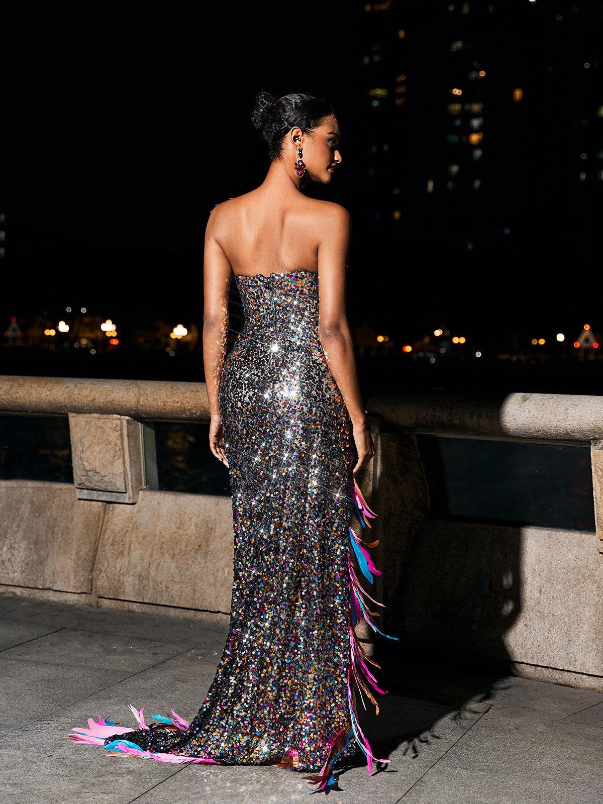Strapless Feather Split Sequin Dress - View 5