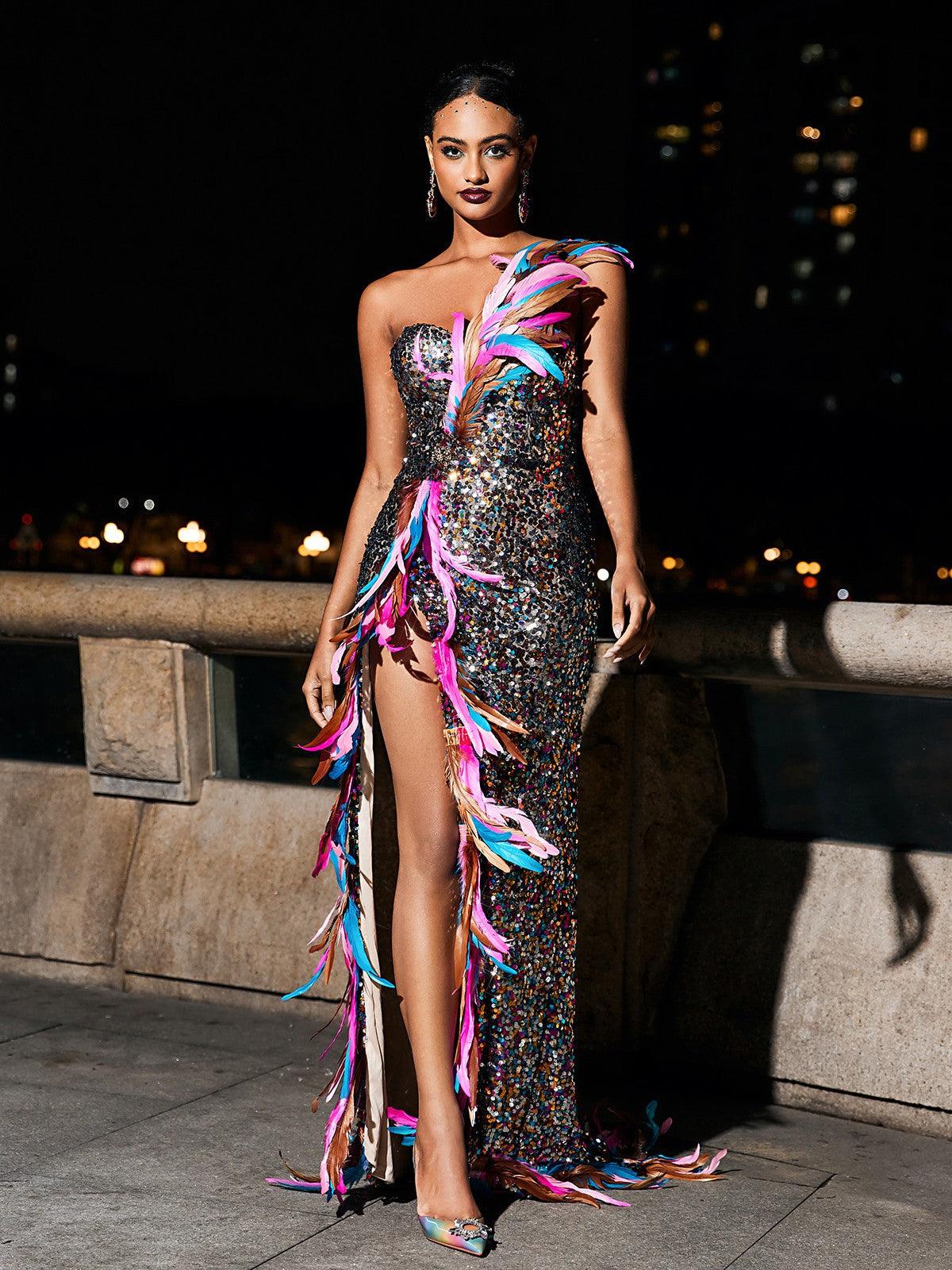 Strapless Feather Split Sequin Dress